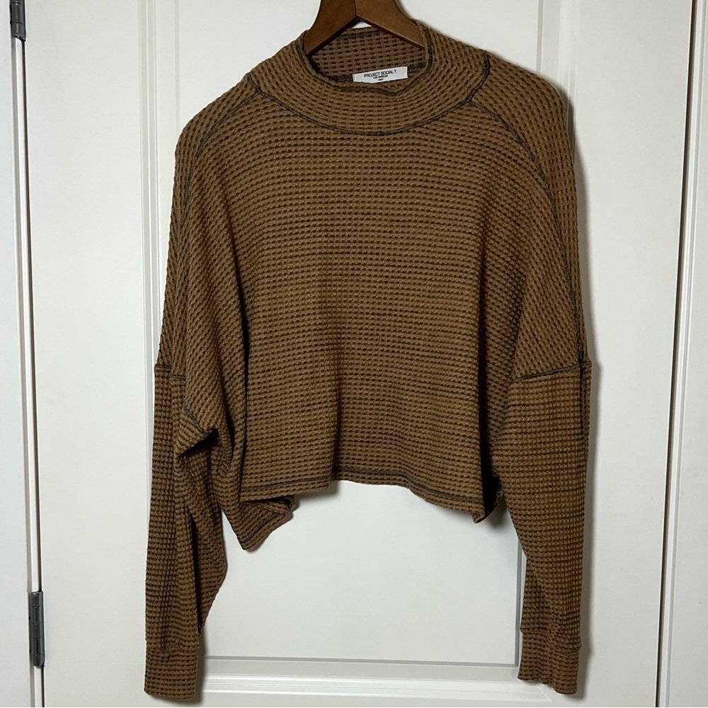 Project Social T Tan Waffle Knit Cropped Turtleneck Sweater Small - Picture 6 of 6